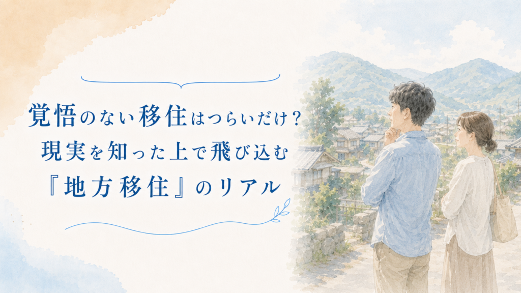 地方の景色を前に、移住後の暮らしを見つめる夫婦のイラスト。覚悟だけで地方移住を決めるのではなく、現実を知った上で向き合う大切さを伝える記事のアイキャッチ画像