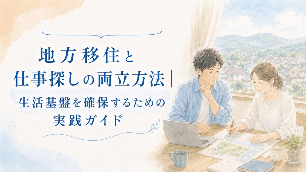 地方の景色を見ながら家族で仕事探しや生活設計について話し合うイラスト。地方移住と仕事探しを両立し、生活基盤を確保する方法を解説する記事のアイキャッチ画像