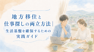 地方の景色を見ながら家族で仕事探しや生活設計について話し合うイラスト。地方移住と仕事探しを両立し、生活基盤を確保する方法を解説する記事のアイキャッチ画像