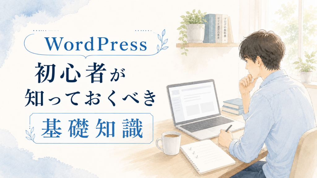 WordPressの画面を開いたパソコンに向かい、ノートを取りながら基礎知識を学ぶ男性のイラスト。WordPress初心者向けの基礎知識を解説する記事のアイキャッチ画像