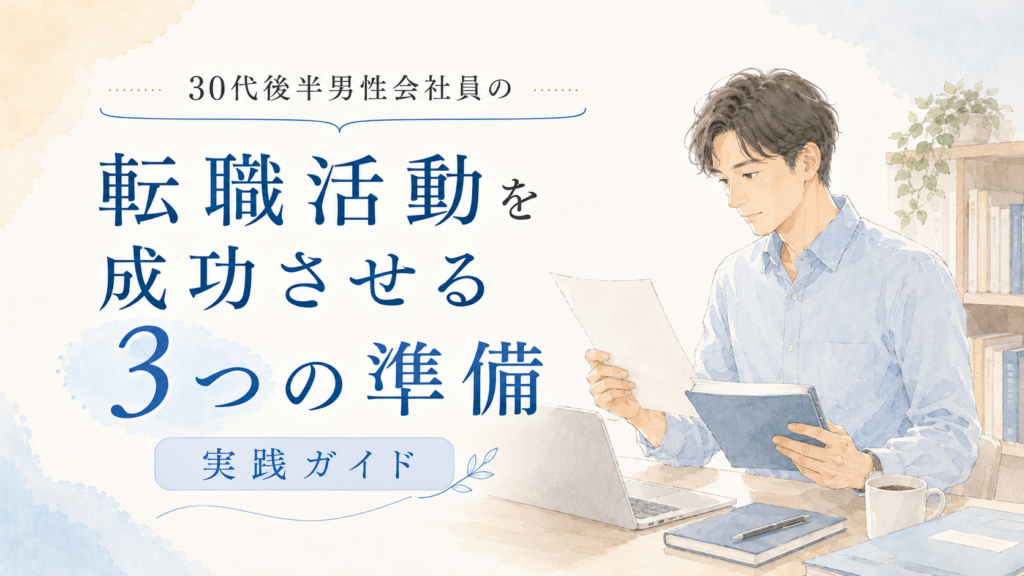 書類を確認しながら転職活動の準備を進める男性のイラスト。30代後半男性会社員向けに、転職活動を成功させる3つの準備を解説する実践ガイドのアイキャッチ画像