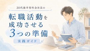 書類を確認しながら転職活動の準備を進める男性のイラスト。30代後半男性会社員向けに、転職活動を成功させる3つの準備を解説する実践ガイドのアイキャッチ画像