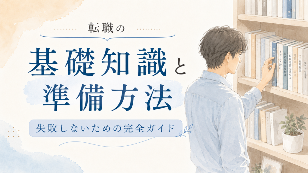 本棚から本を選ぶ男性のイラスト。転職の基礎知識と準備方法、失敗しないための完全ガイドをテーマにしたアイキャッチ画像