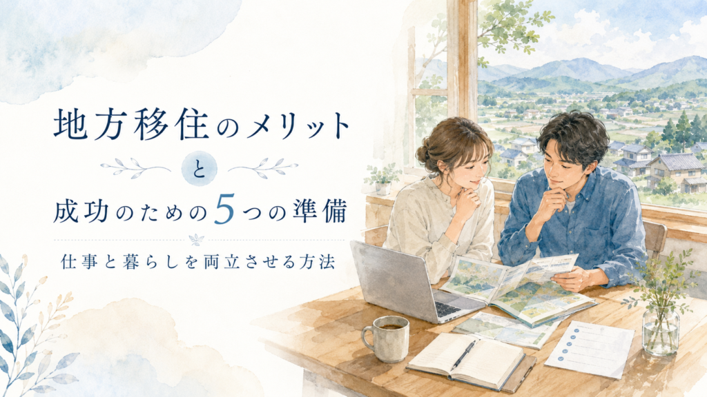 地方の景色を眺めながら、移住後の暮らしや仕事について二人で計画を立てるイラスト。地方移住のメリットと、成功のために必要な5つの準備を解説する記事のアイキャッチ画像