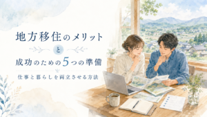 地方の景色を眺めながら、移住後の暮らしや仕事について二人で計画を立てるイラスト。地方移住のメリットと、成功のために必要な5つの準備を解説する記事のアイキャッチ画像