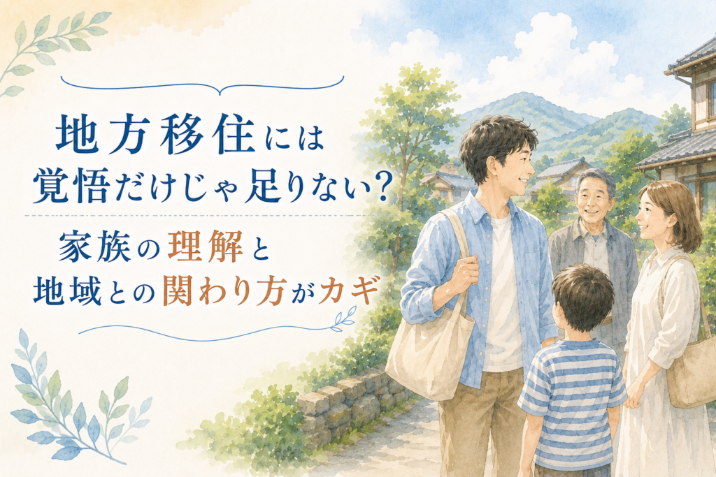 地方の集落で家族と地域の人が笑顔で会話しているイラスト。地方移住には覚悟だけでなく、家族の理解と地域との関わり方が大切であることを伝える記事のアイキャッチ画像