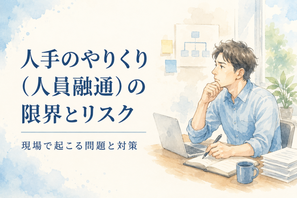 職場で人員配置や業務調整について考える男性のイラスト。人手のやりくりや人員融通の限界とリスク、現場で起こる問題と対策を解説する記事のアイキャッチ画像