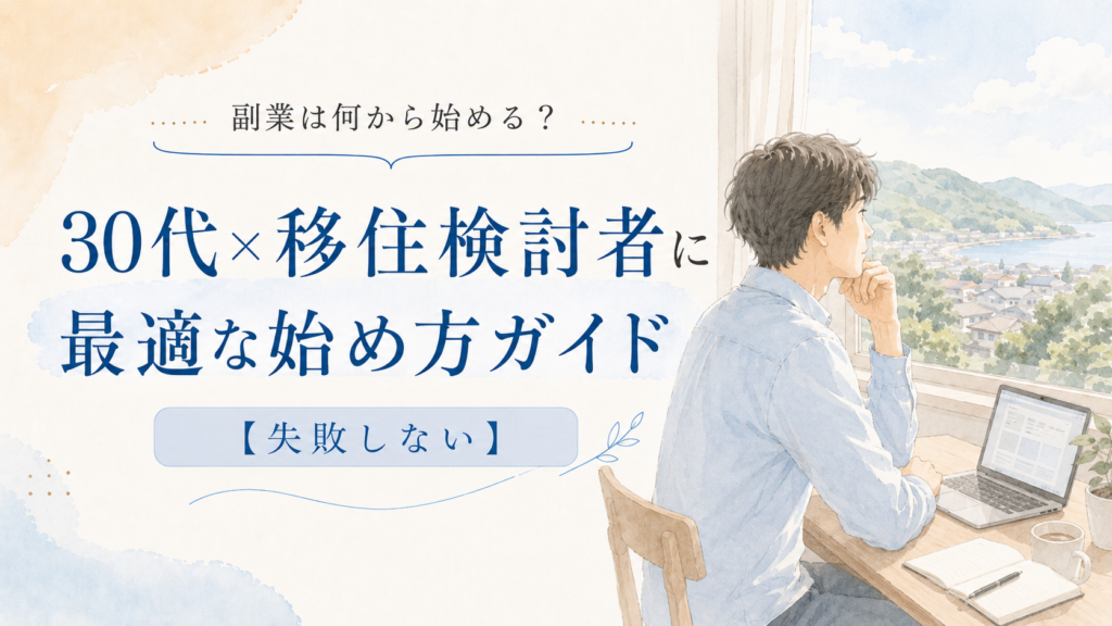 窓辺で景色を眺めながら副業の始め方を考える男性のイラスト。30代の移住検討者に向けた、副業の始め方ガイドをテーマにしたアイキャッチ画像
